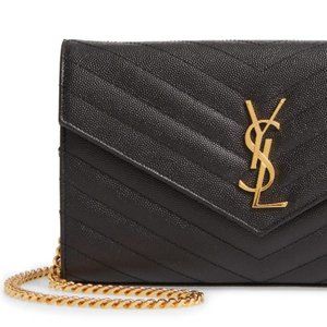 Saint Lauren Black Large Monogram Quilted Leather Wallet on Chain (NWT)